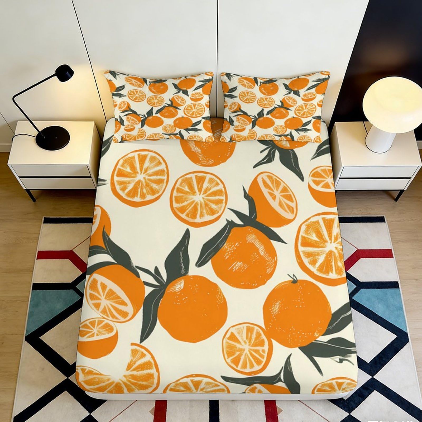 3D Printed Orange Pattern Fitted Sheet Microfiber Soft Breathable Citrus Mattress Cover for Bedroom Dormitory Guest Room Mattress Protection Decor 120x200x25cm