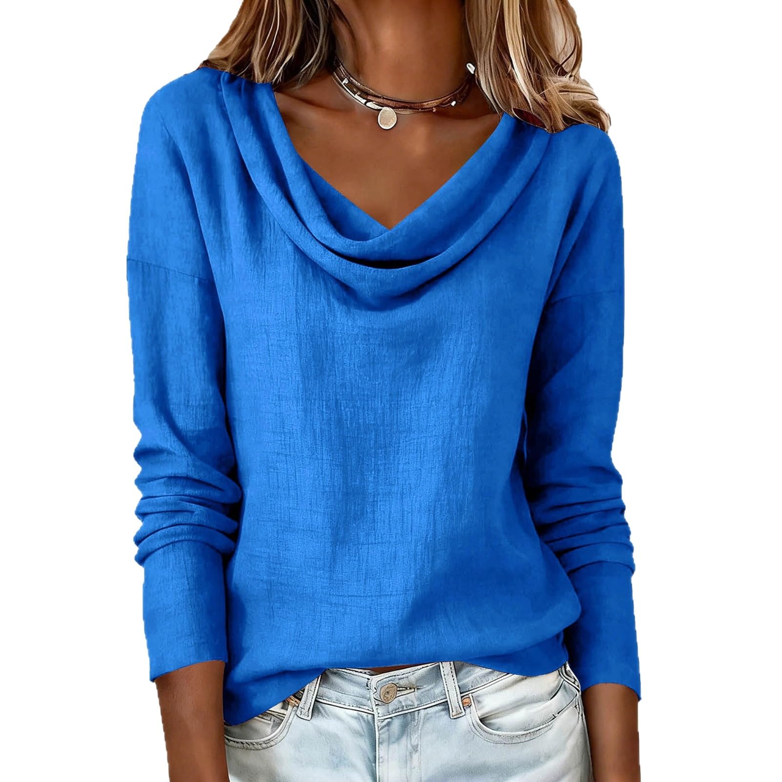 Blusa de manga larga para mujer, cuello vuelo, ajuste holgado, color puro, para ocio, trabajo, fiesta, vacaciones, oficina, uso casual