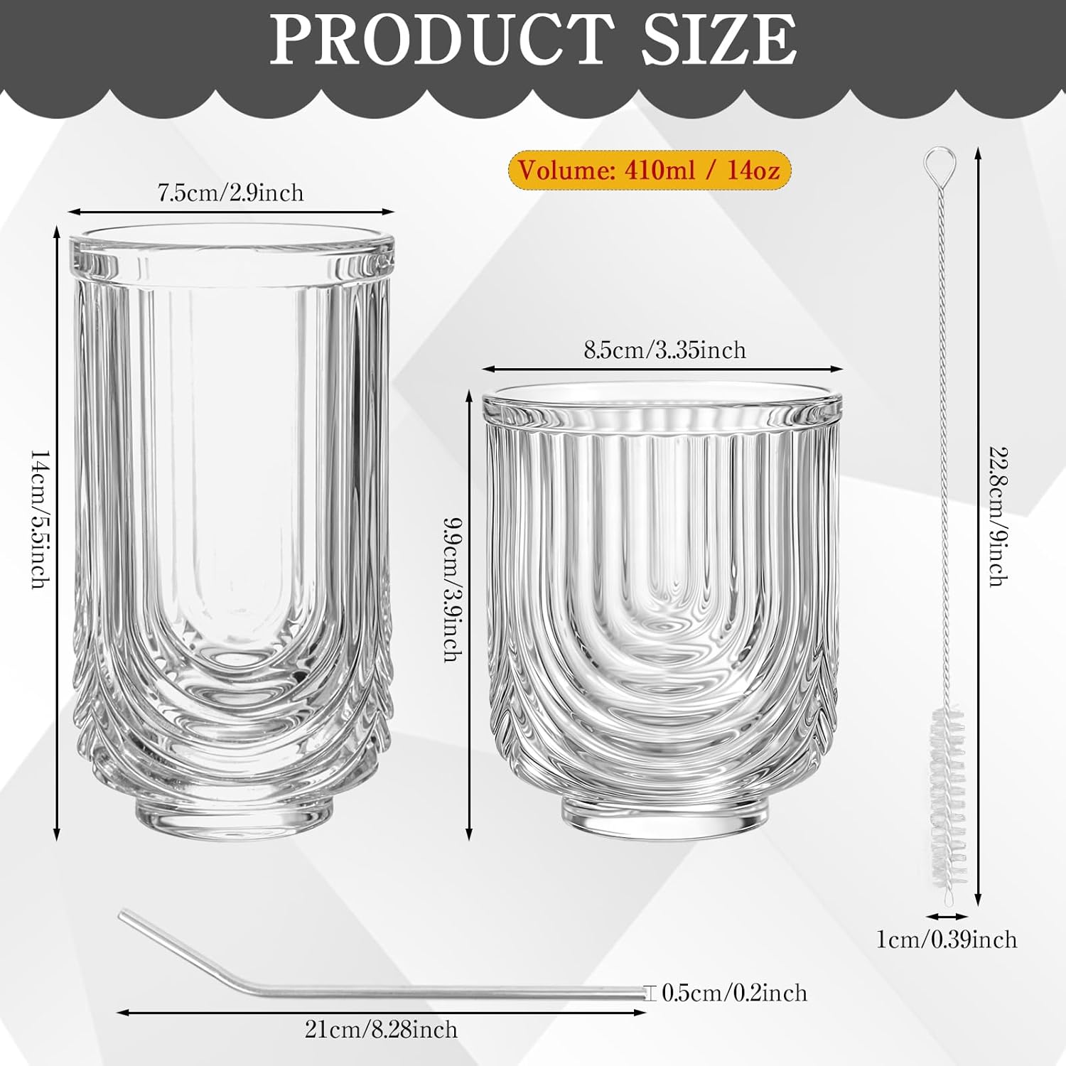 12 Pcs Drinking Glasses Cocktail with Straws and Straw BrushArch Highball Ribbed Glassware, Vintage Ripple Aesthetic Tumblers cup, for Bars, Restaurants (14 oz, 12 oz)