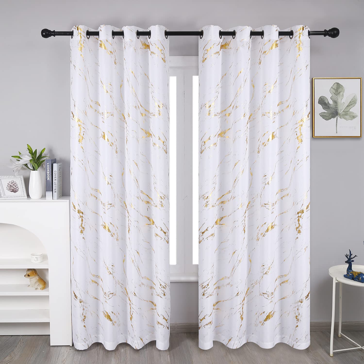 Taisier Home Gold Foil Print Linen Textured Curtains Geometric Marble