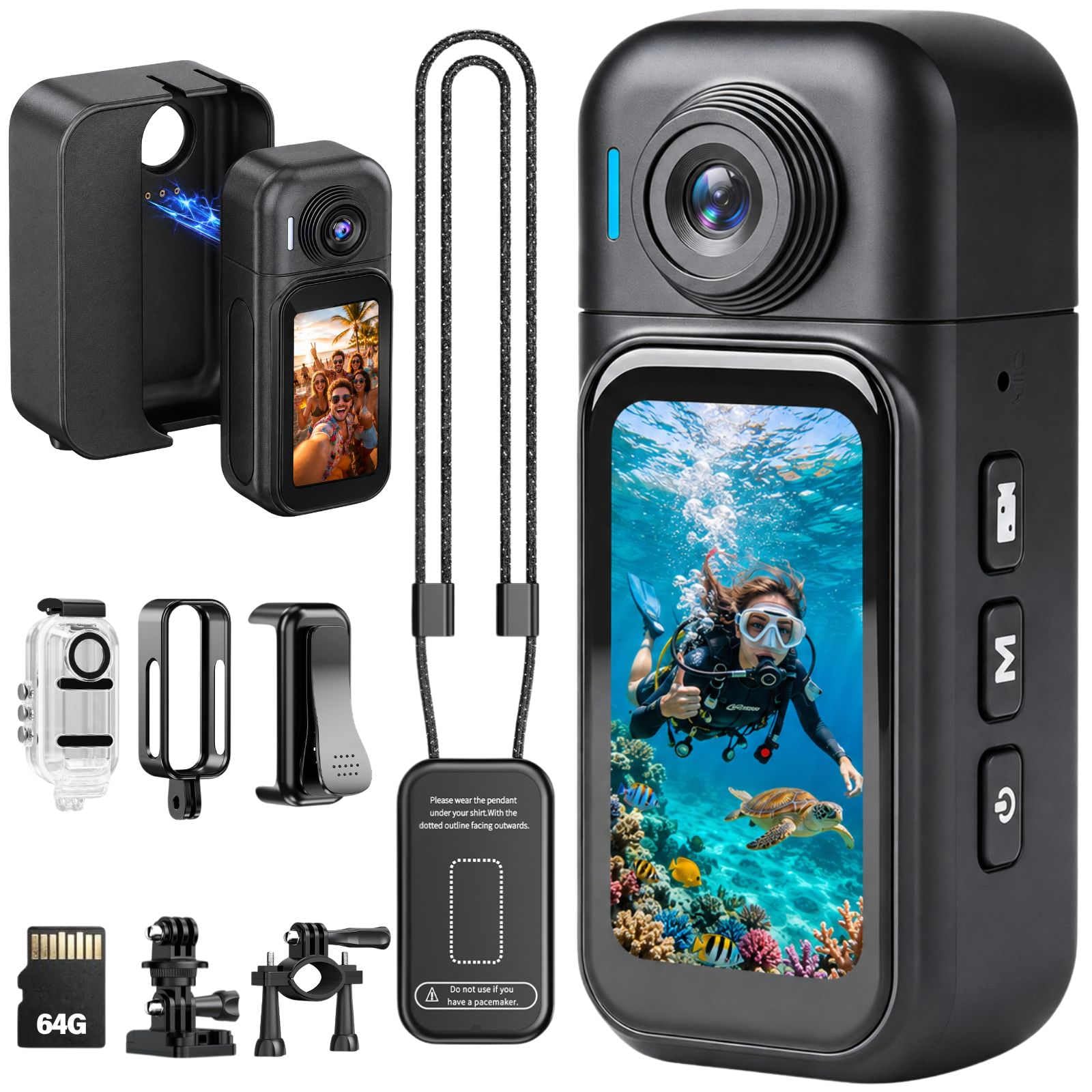 Body Camera with 180° Rotatable Lens and Water-Proof Case for Diving, WiFi Thumb-Sized Action Camera for Cycling, Traveling (64G-1080P, Black)