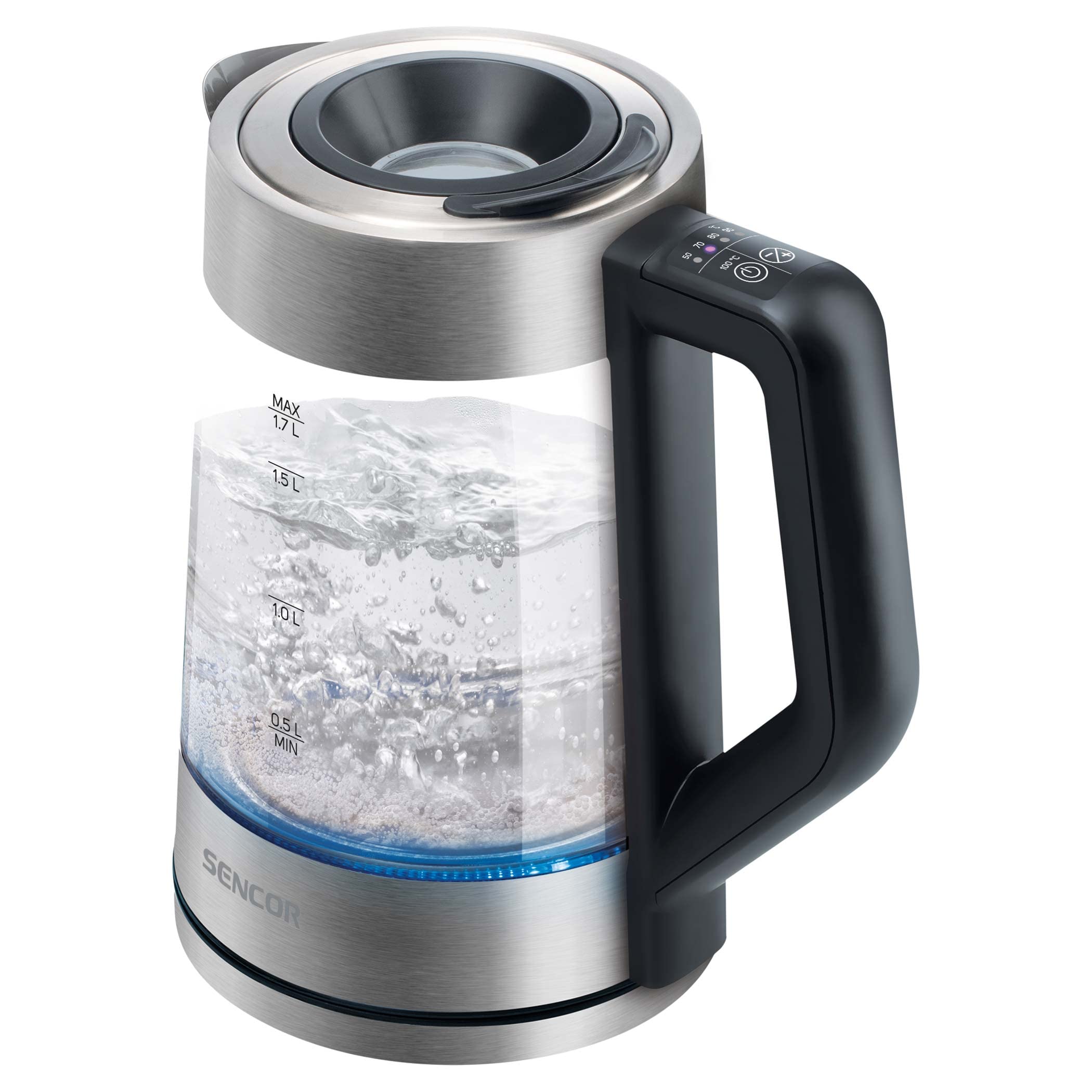 Sencor SWK 1795SS - Bollitore in vetro con capacità di 1,7 l, potenza di 2200 W, acciaio inox, luce LED interna, 100% senza BPA, regolazione della temperatura (da 50 °C a 100 °C
