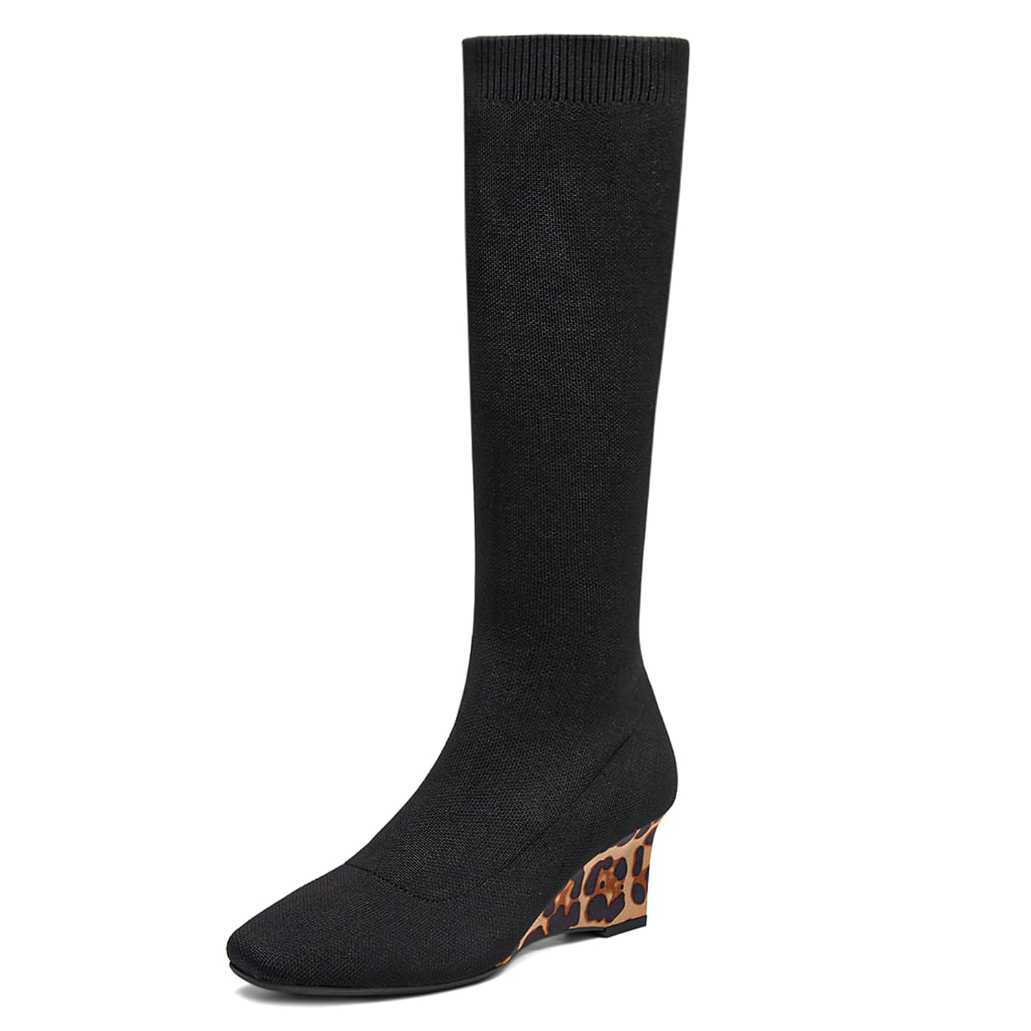 NEWBELLA Womens Knee High Wedge Heel Pointed Toe Pull On Comfort Stretch Knitted Winter Shoes for Women