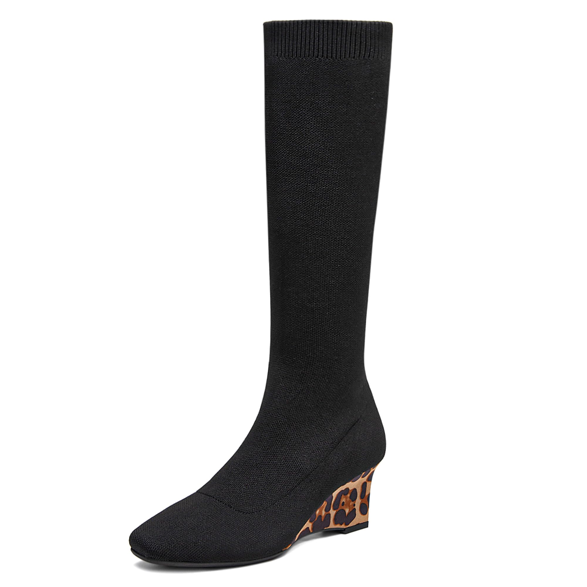 NEWBELLA Womens Knee High Wedge Heel Pointed Toe Pull On Comfort Stretch Knitted Winter Shoes for Women