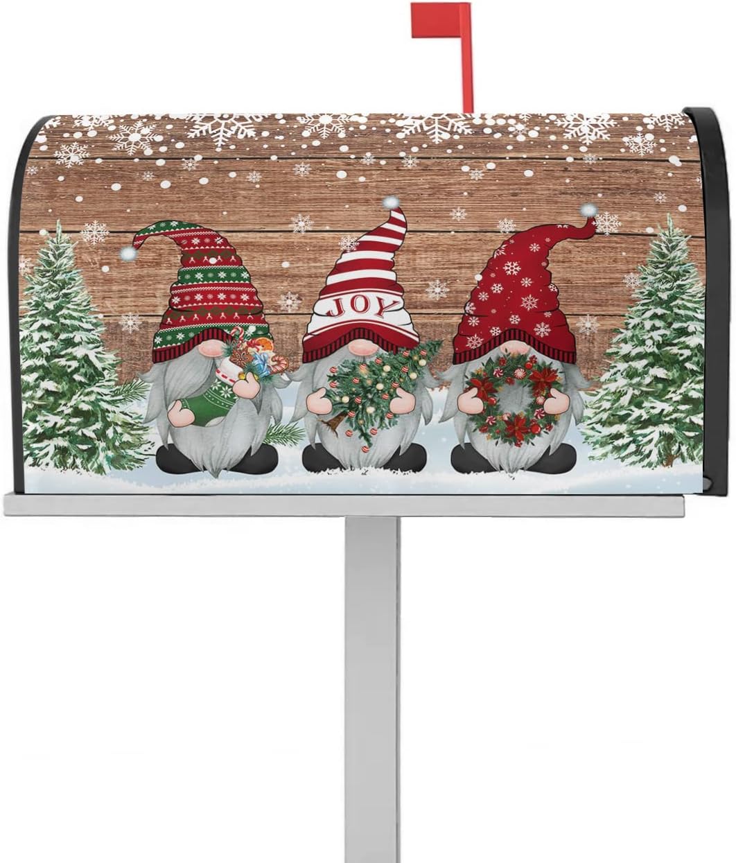 Christmas Gnomes Mailbox Covers Magnetic Standard Size 18.5"x21.7", Xmas Tree Winter Snowflake Retro Wooden Striped Mailbox Cover Holiday Mail Box Cover Mailbox Decorations for Outside Garden Yard