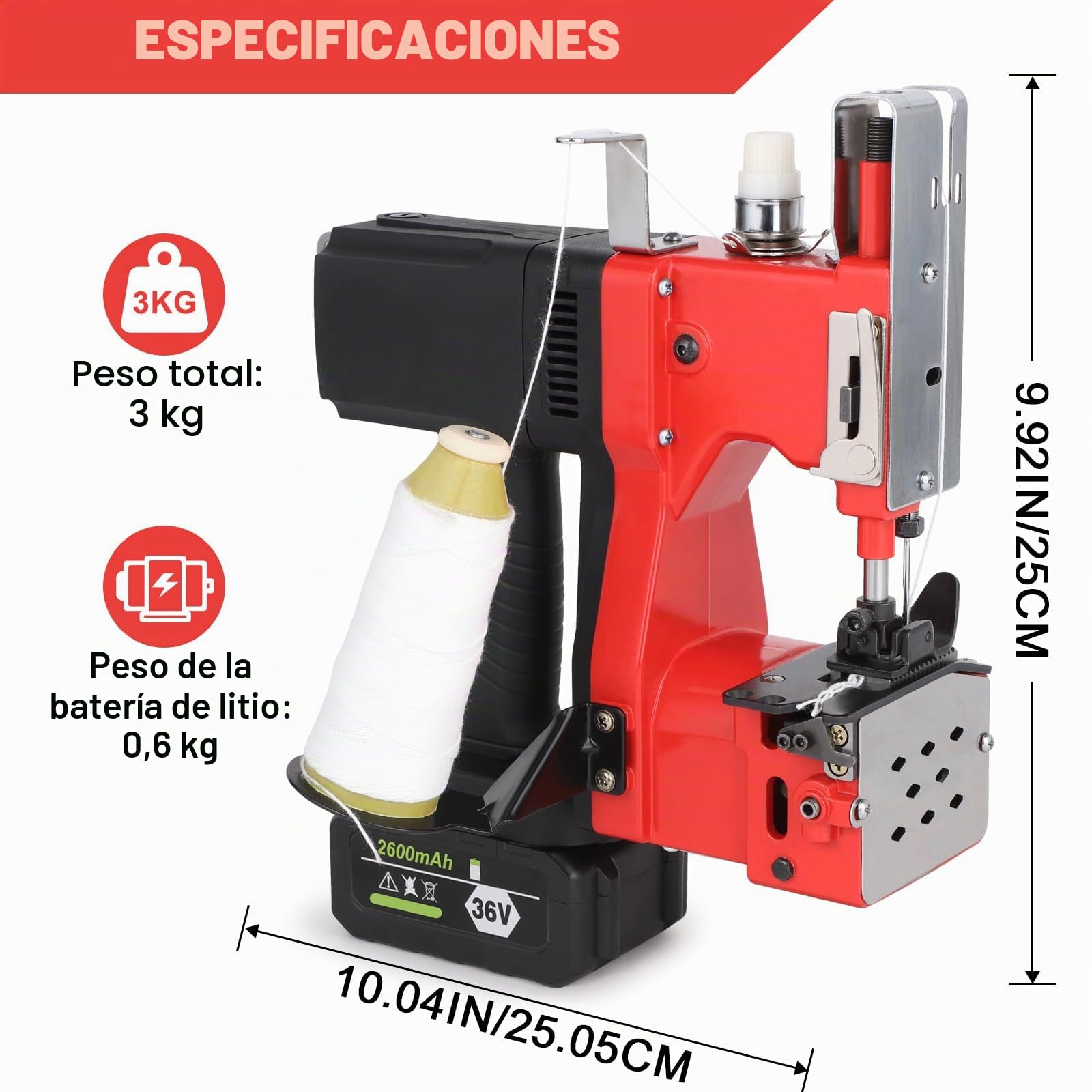 Máquina de coser eléctrica portátil con batería, 210 W, máquina de coser bolsa eléctrica, bolsa de embalaje eléctrica para bolsa de tejido/bolsa de papel/bolsa de arena/bolsa de yute/cuero