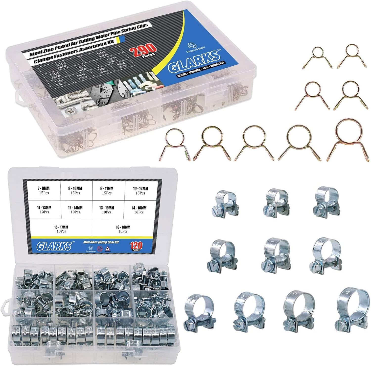Glarks 290Pcs Fuel Line Hose Water Pipe Air Tubing Spring Clips Clamps Assortment Kit + 120Pcs 10 Size Mini Fuel Injection Style Hose Clamp Assortment Kit