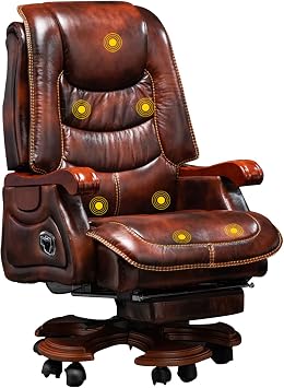 Executive Office Chair Genuine Leather Massage Office Chair Ergonomic Executive Chair with 7 Points Vibration Point Adjustable Height Swivel Brown