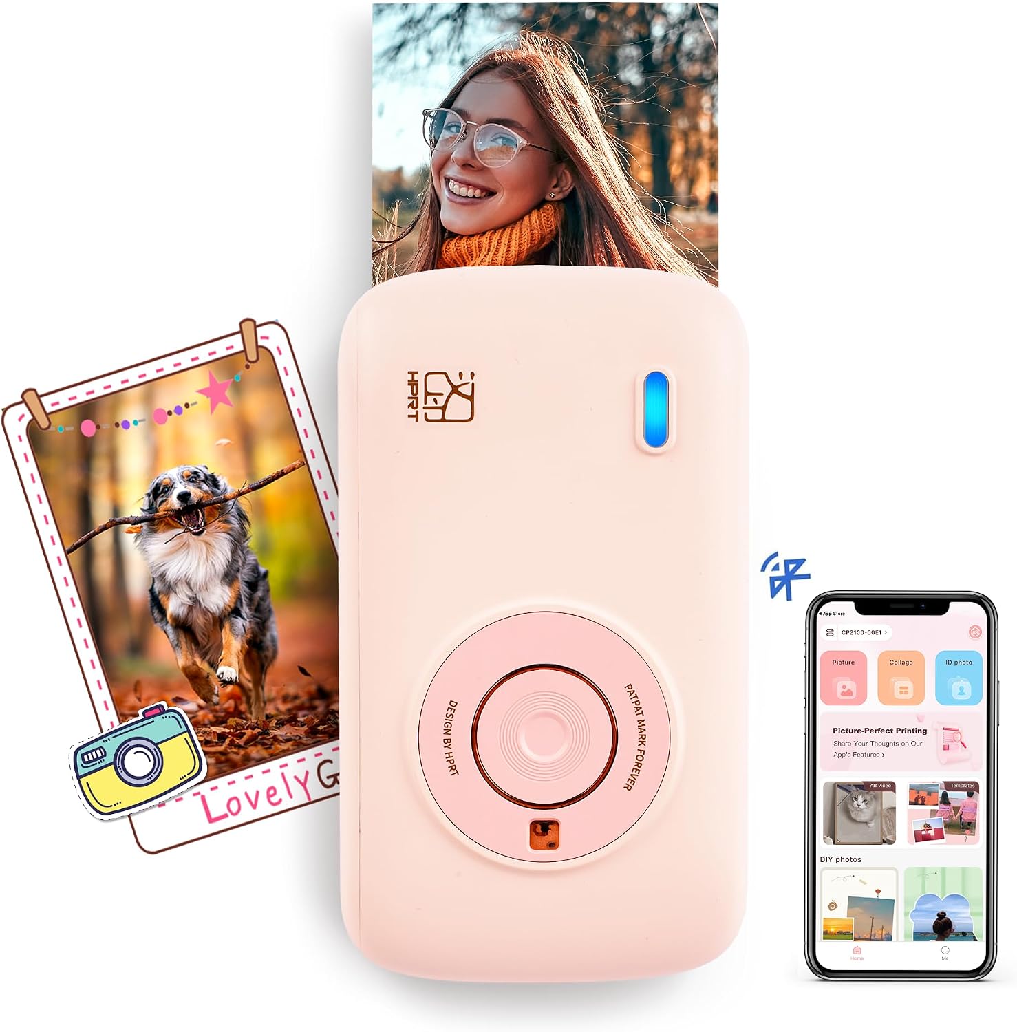 HPRT CP2100 Portable Photo Printer for iPhone & Android, 2.1×3.4 Mini Instant Color Printer, Bluetooth 5.0, Type-C Charging, Dye-Sublimation Tech, Initial 10 Sheets Included, Pink