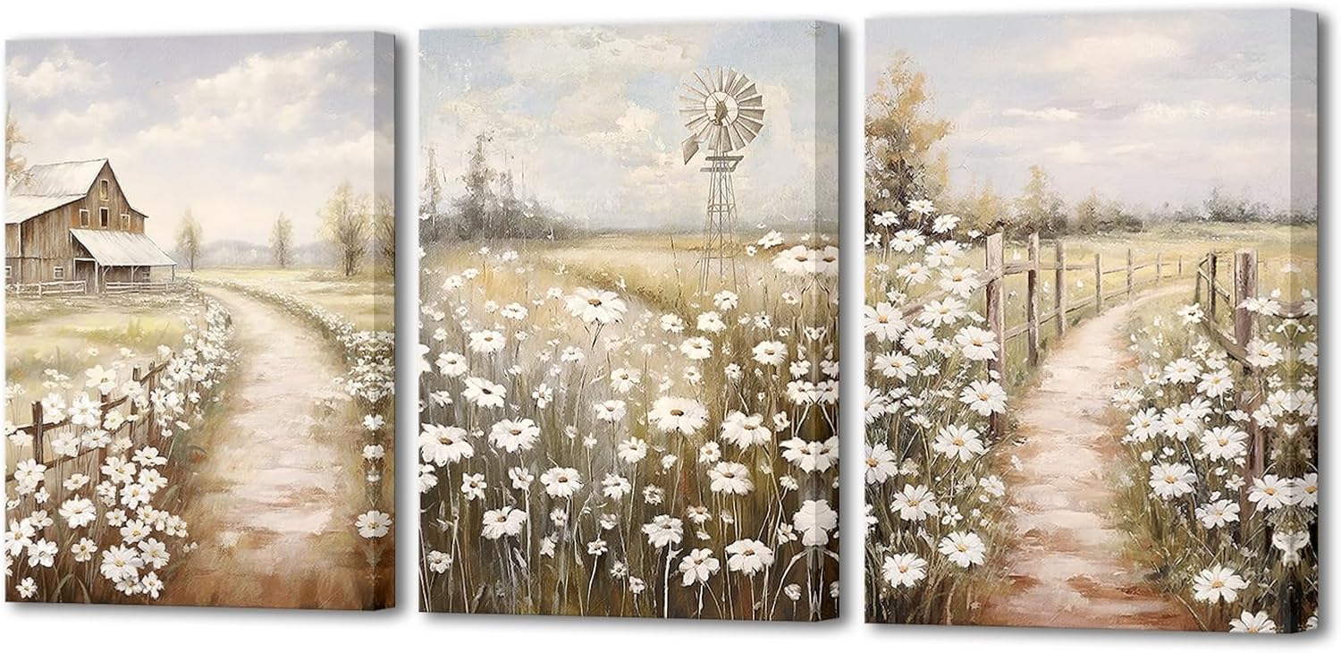 Apicoture Country Wall Decor Rustic Farmhouse Flowers Wall Art Country Pictures Farmhouse Painting for Living Room Bedroom Home 12"x16"x3pcs