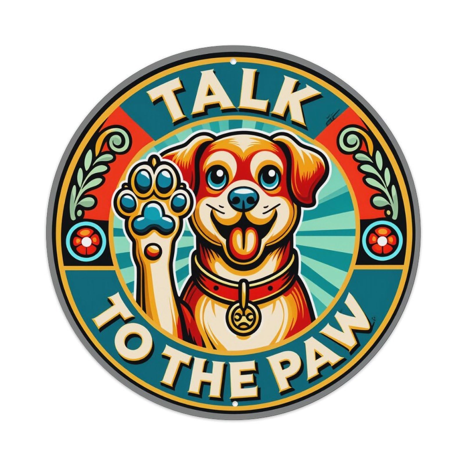 Colorful Dog Paw Raised Circle Design Round Tin Sign Vintage Metal Poster, Home Bar Garage Man Cave Cafe Indoor & Outdoor Wall Decoration 8x8Inches