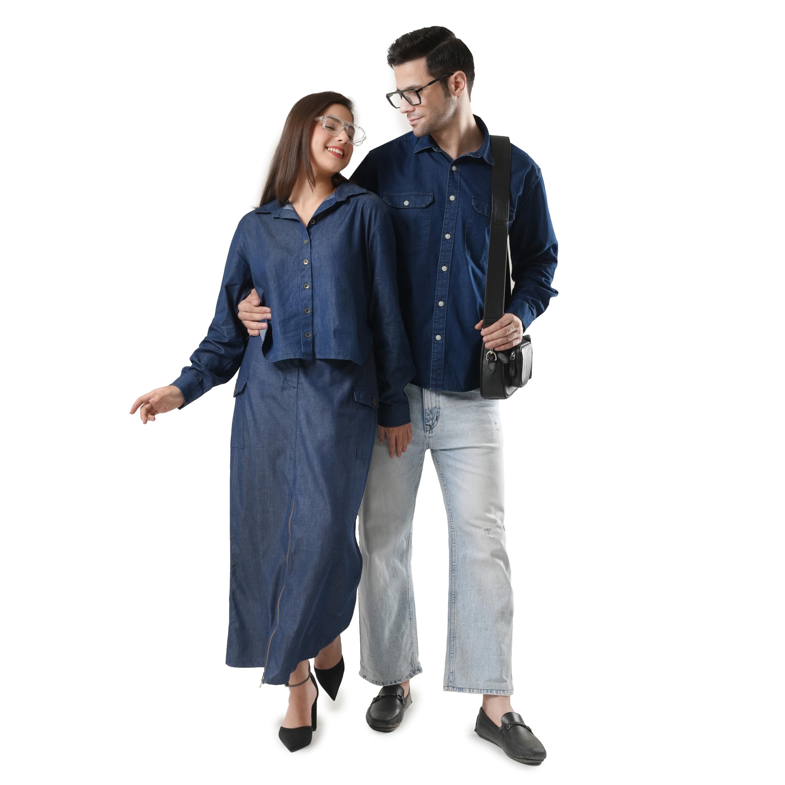 Couple Matching Outfit for Men & Women | Women Shirt & Skirt Co-Ord Set with Men Cotton Shirt | Coordinated Casual Travel Wear for Couples Denim Blue-picture-51