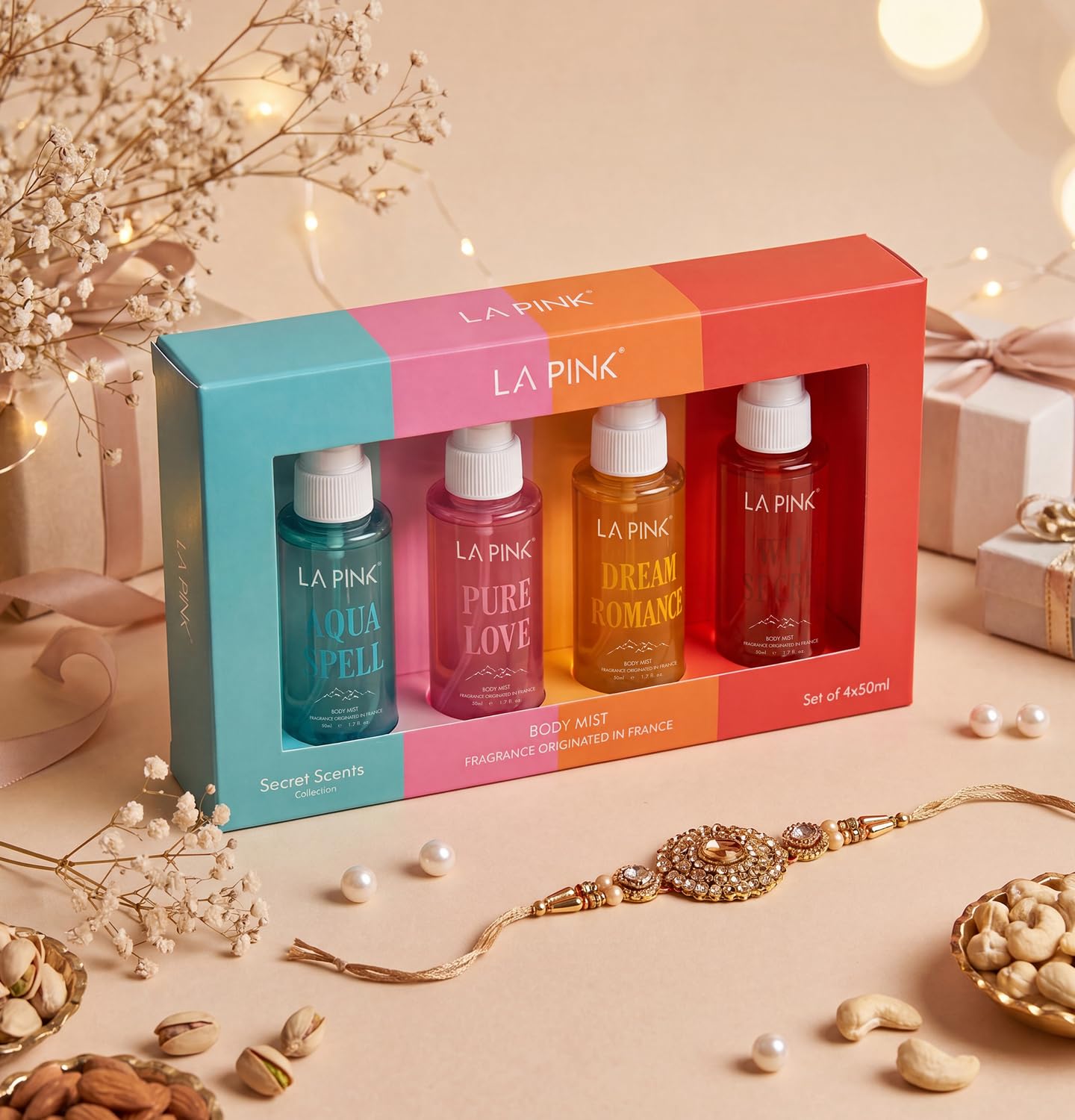 La Pink Body Mist Rakhi Gift Set for Him & Her | Long-Lasting Travel-Friendly Fragrance | Ideal Gift for Raksha Bandhan & Everyday Use | Set of 4 (50ml Each)-image-12
