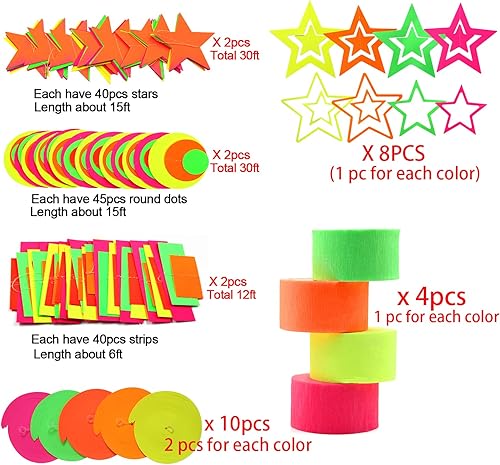 Miniatura 12 de Guirnalda de papel de neón de estrella de 108 pies, suministros de fiesta con serpentinas de neón para luz negra, accesorios de fiesta, pancarta