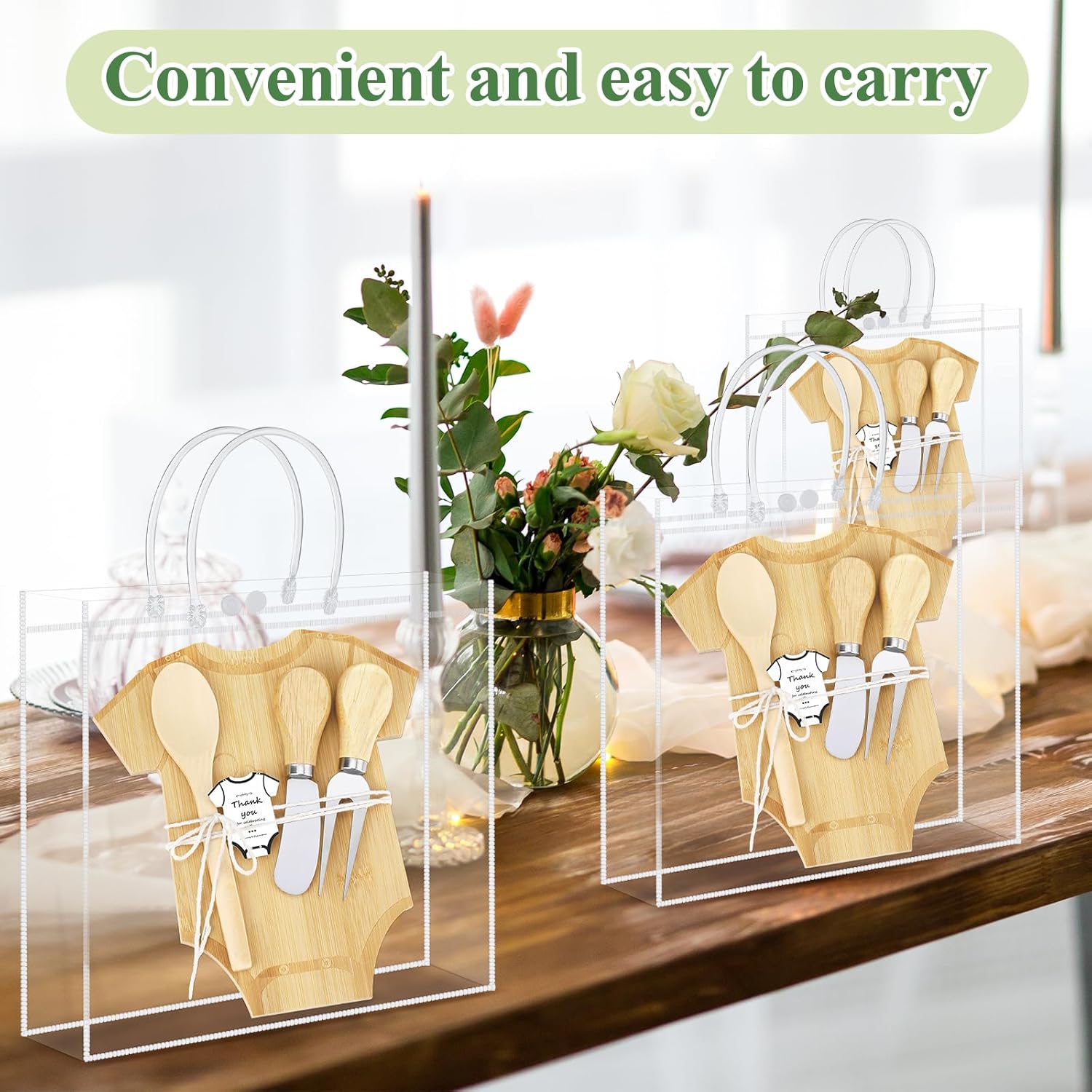 Bonerwhite 74 Pcs 12 Sets Baby Shower Game Prizes Gift Bulk for Guest Winner Bamboo Clothing Shaped Cheese Charcuterie Board Spoon Fork Butter Spreaders Thank You Tag Gift Bag for Baby Shower Favors