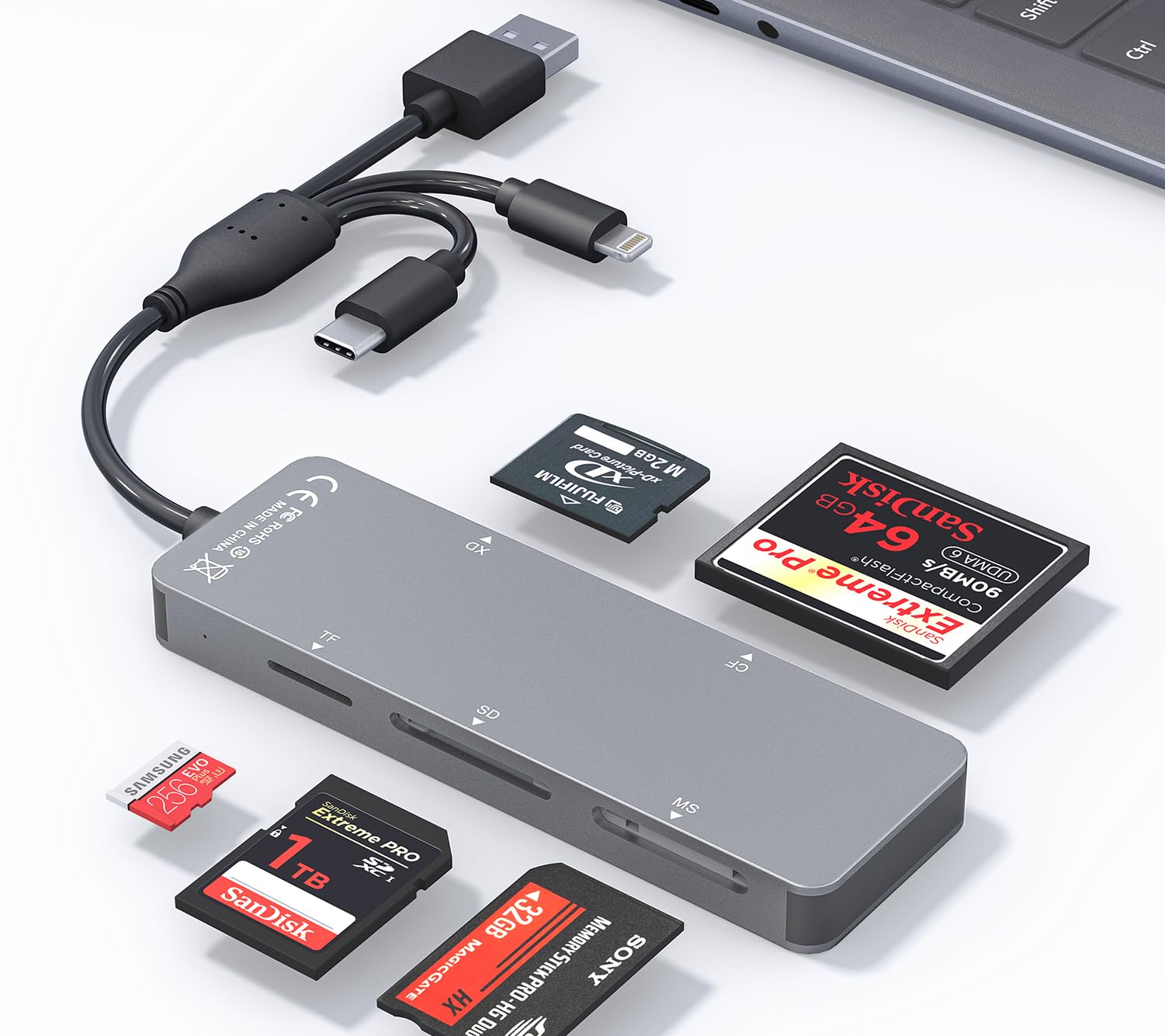 SD Card Reader Memory Stick pro Duo Adapter - 5 in 1 SD/TF/CF/MS/XD Card Reader for iPhone Supports Micro SD/SDHC/Compact Flash/XD Picture Cards, Lightning+USB A+USB C Memory Stick Pro Adapter