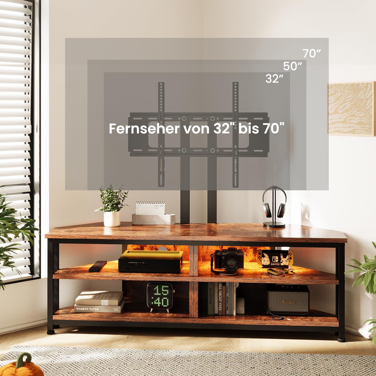 Dripex Mobile ad angolo per TV, con supporto e illuminazione a LED, mobile angolare (120 cm con supporto)