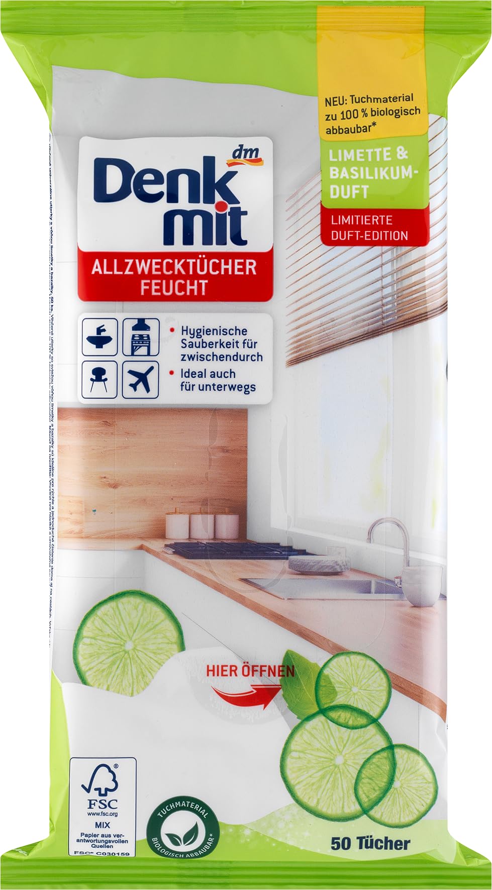 DENK MIT Feuchttücher Feuchte Allzwecktücher Limette & Basilikum 50 St (10 Packungen)