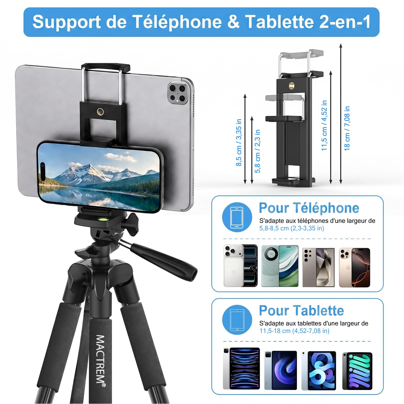 MACTREM 165 cm Trepied Smartphone Alliage Aluminium Léger, Trepied Appareil Photo avec Télécommande sans Fil, Trepied iPhone Sac Transport Inclus, Idéal pour Voyage, Youtube, Selfie, TikTok