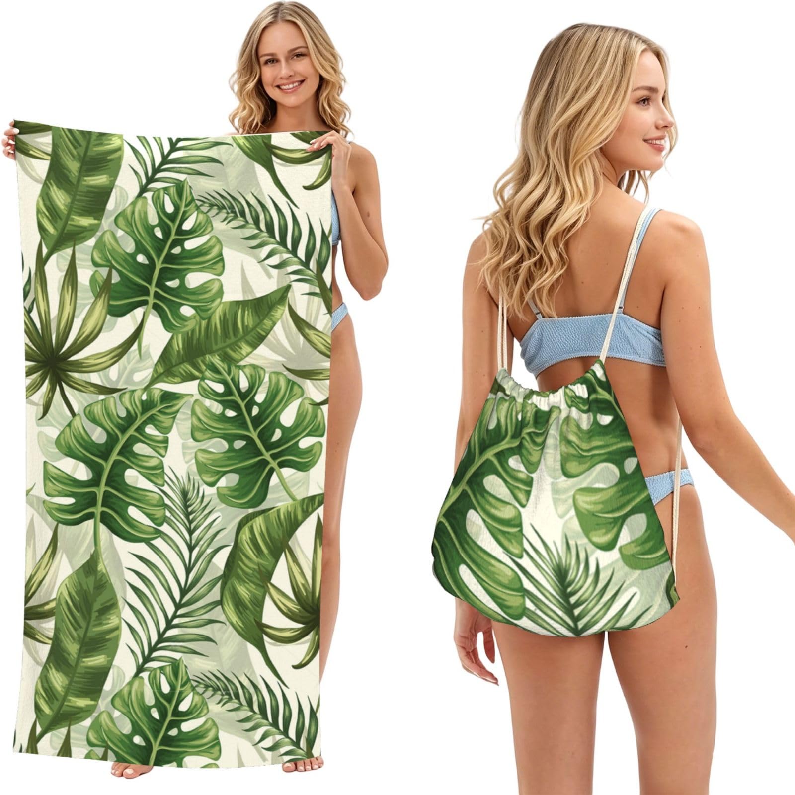 Poadnly As Picture Tropical Leaves Summer Green, 2 In 1 Packable Towel Bag, Beach Towels With Drawstring Backpack For Travel Holiday Camping