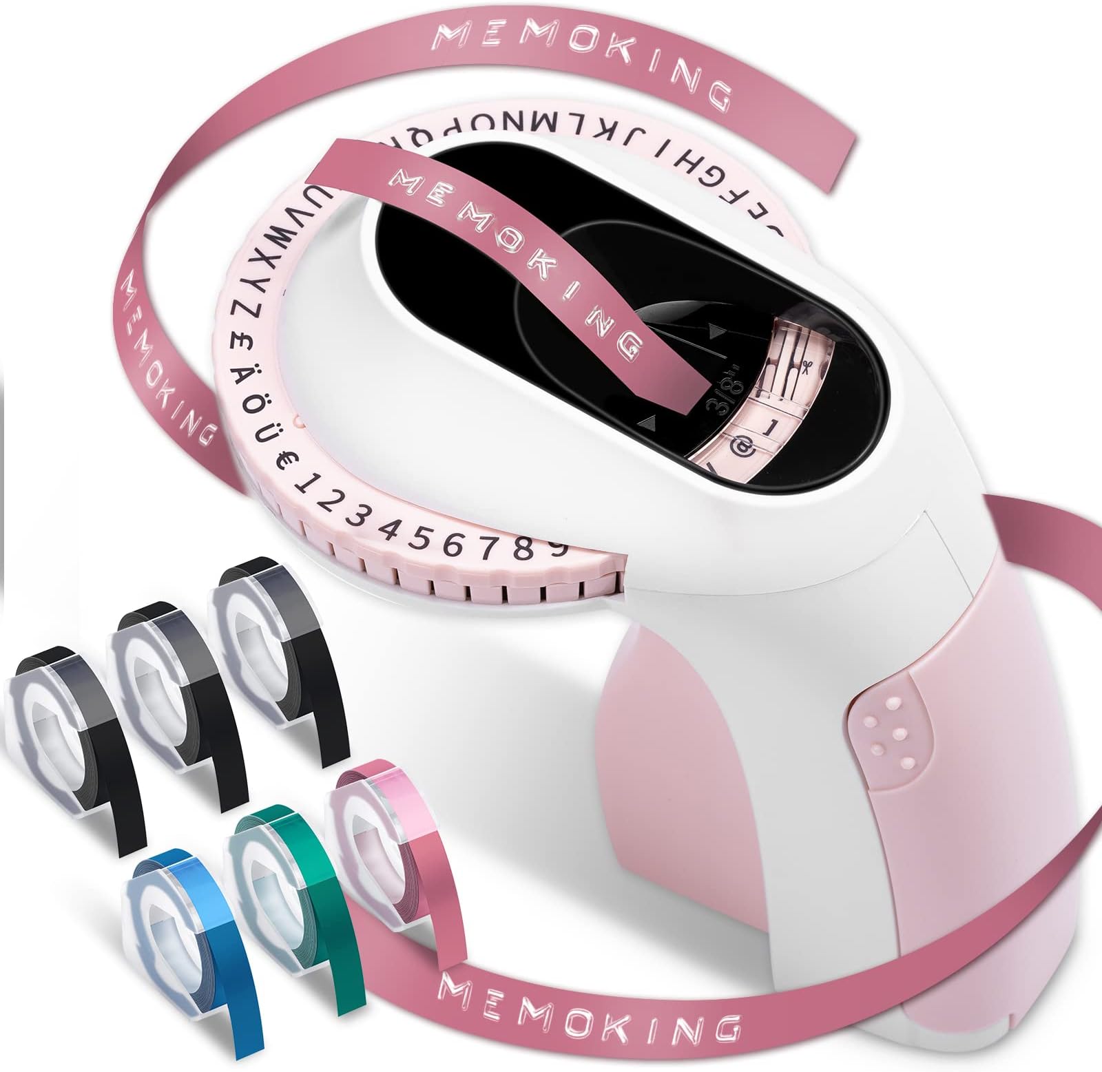 Memoking Embossed Label Maker Machine-E975 3D Embossing Label Makers with 6 Rolls Label Emboss, Handheld Vintage Embosser, Lettering Embossing Label Maker for Home, Kitchen, Gift, Organization (Pink)
