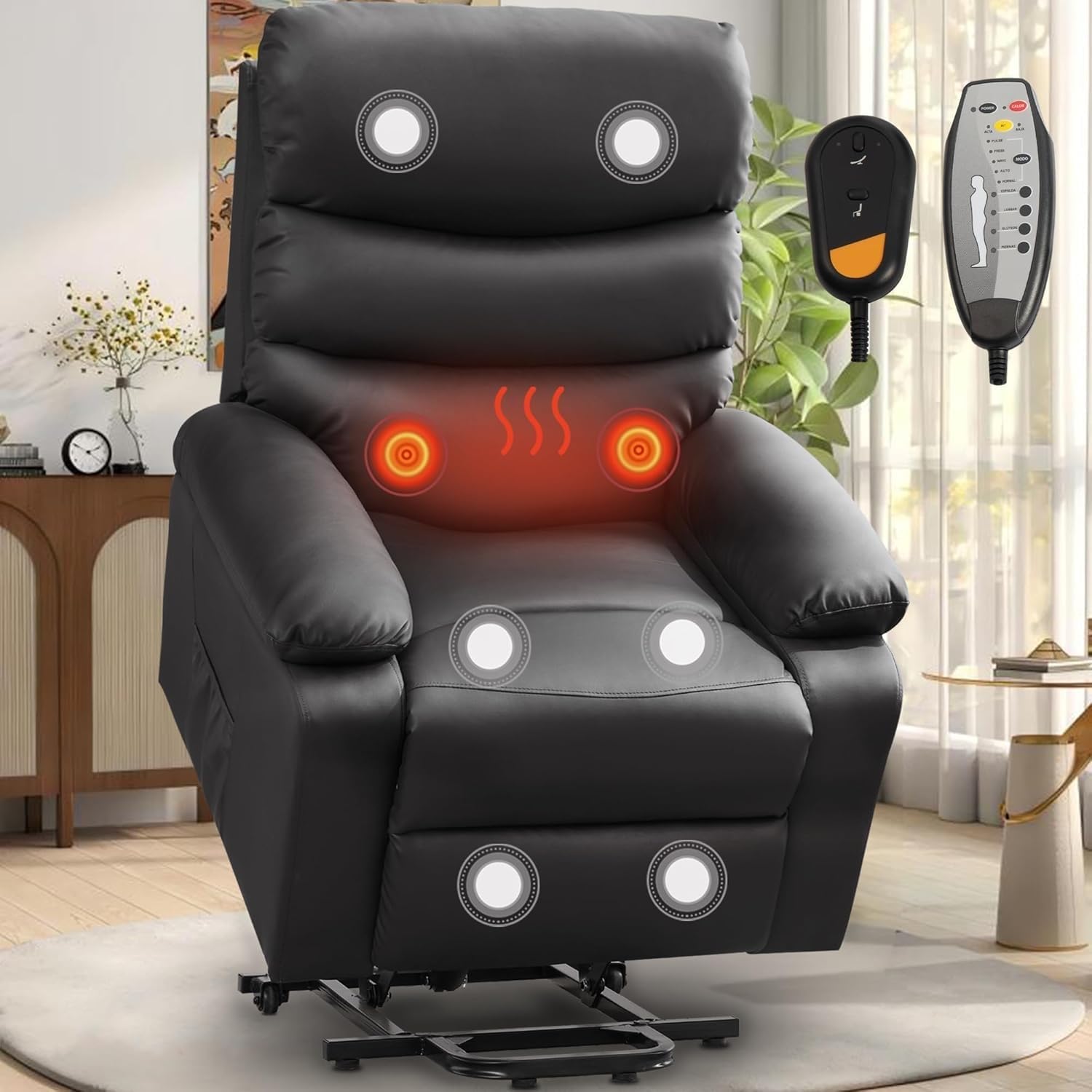 Electric Recliners Chair Elderly & Adult Ergonomic Elderly Power Lift Recliner Chair, Breathable Leather, with Heat Massage, Side Pockets, with 2 Remote, Black