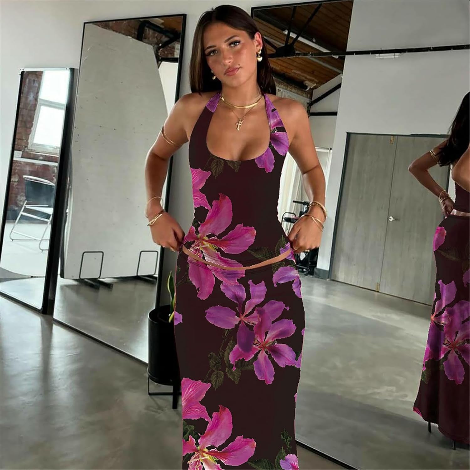 ksotutm Two Piece Sets for Women Maxi Skirt Set Printed Halter Top and Maxi Skirt Going Out Outfits - Image 4