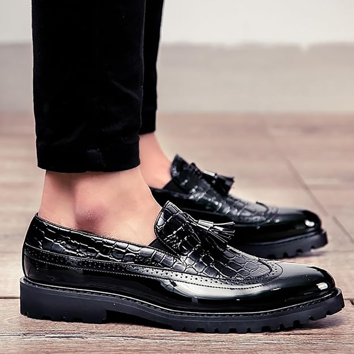 Mocasines con borlas para hombre, zapatos de vestir formales de negocios con lados elásticos para el trabajo, casual, negro, blanco, rojo