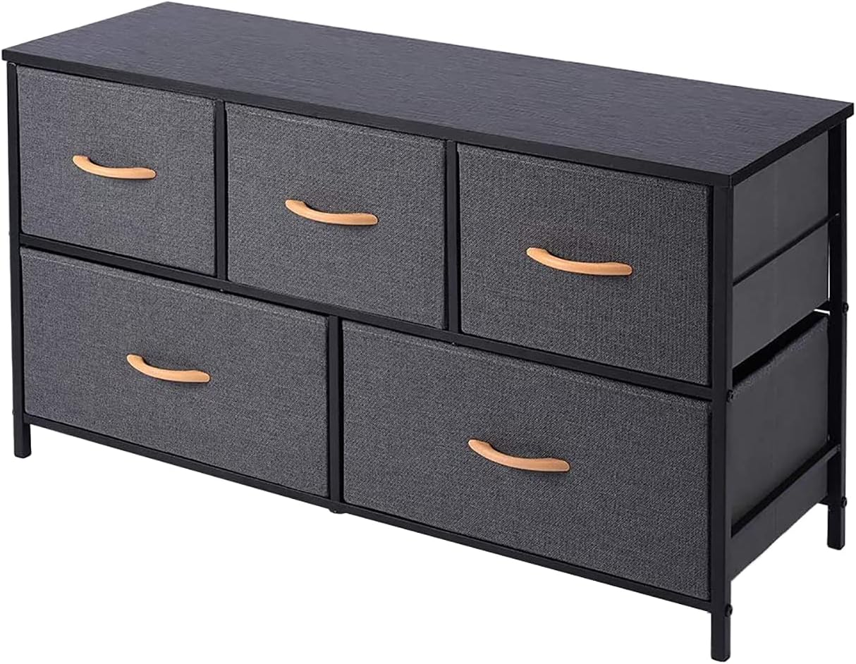 Dresser Storage Organizer, Fabric Storage Tower,5 Drawer Dresser Tower Unit for Bedroom, Hallway, Entryway, Closets, Sturdy Steel Frame, Wood Top, Easy Pull Handle