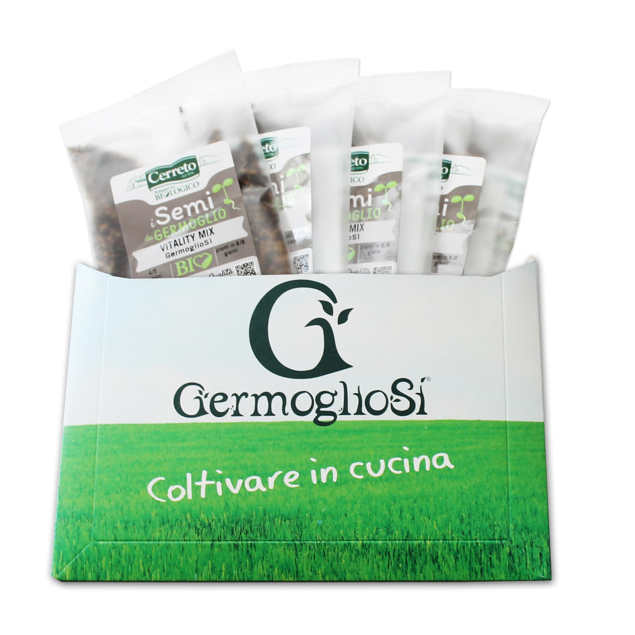 Semi da germoglio VITALITY PACKS nr.4 conf. pronte all’uso da 28gr MISCELA di 3 tipologie di SEMI selezionati di Erba Medica Alfa Alfa, Broccolo Calabrese e Cavolo Rosso