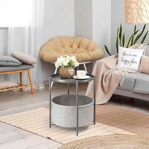 Miniatura 51 de danpinera Mesa auxiliar redonda con cesta de almacenamiento de tela, mesita de noche pequeña de metal con bandeja extraíble para sala de estar,