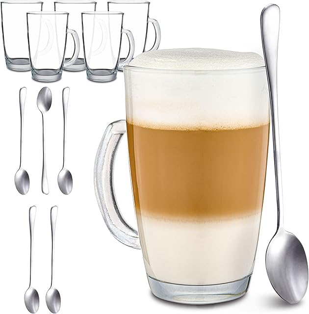 6 Szklanek do Latte Macchiato z uchwytem i łyżeczką - 300ml - Długo utrzymuje ciepło - Idealny rozmiar do w pełni automatycznych ekspresów do kawy - Można myć w zmywarce