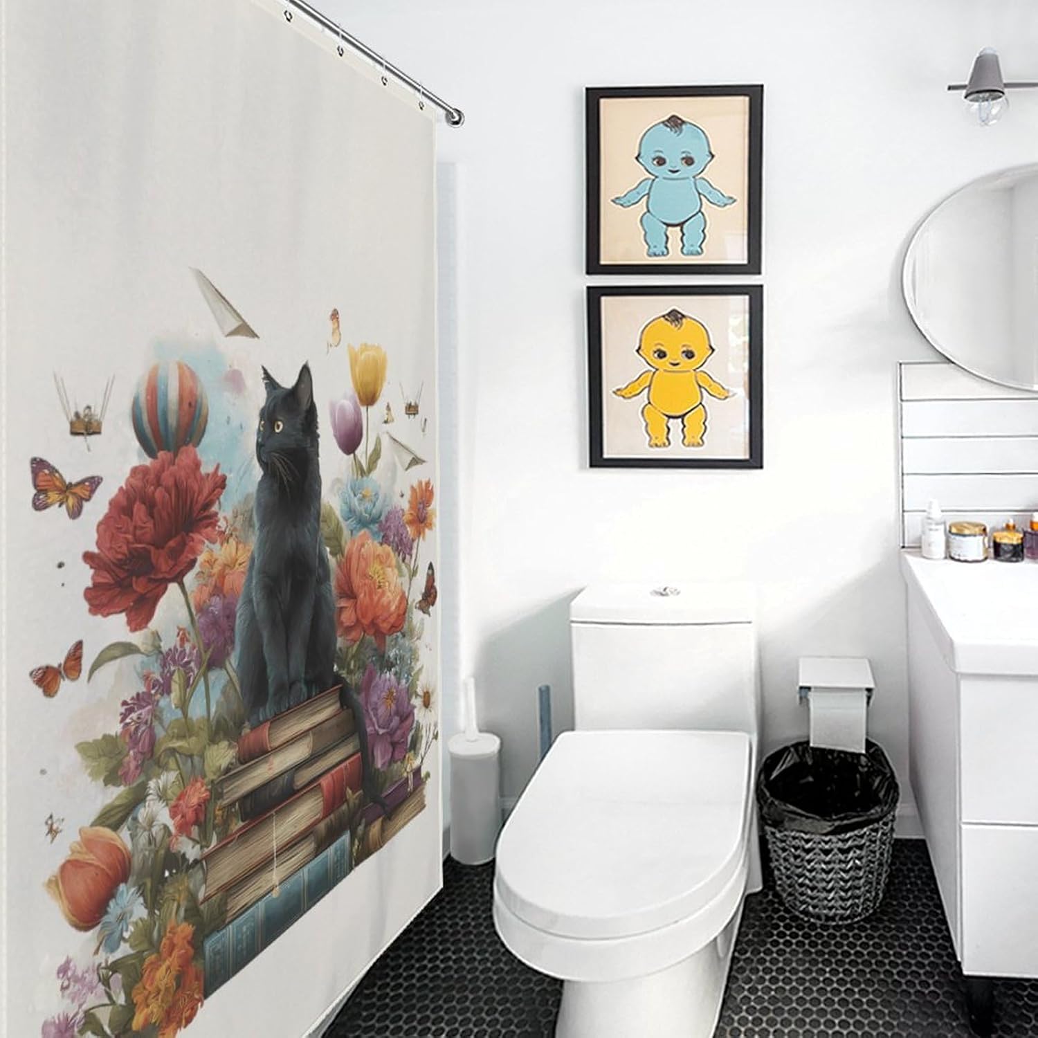 Book Cat Shower Curtain 46.85x70.87Inch（119x180cm） Polyester Bath Curtain Shower Curtains Printed Decorative