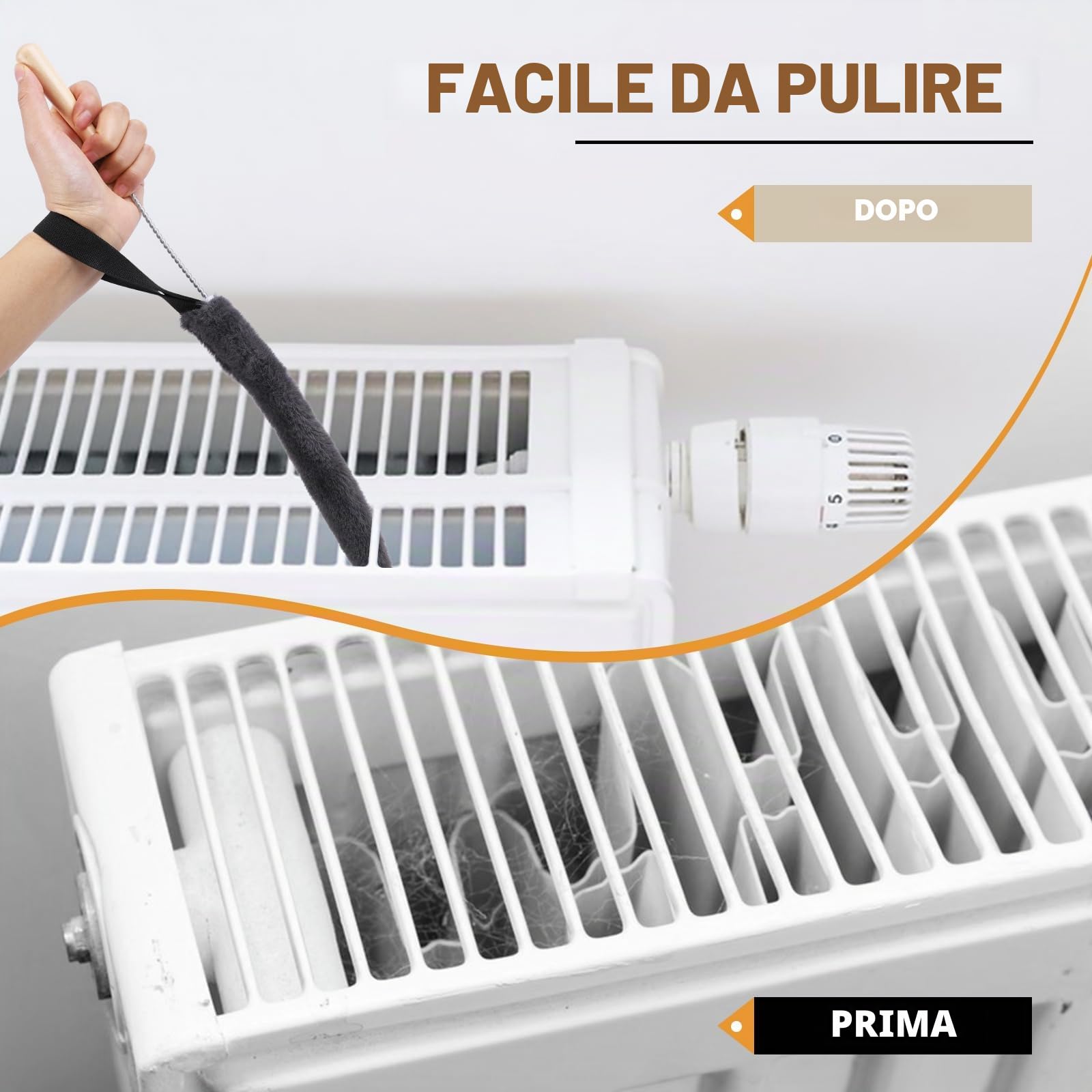Spazzola per la pulizia del radiatore, con chiave di sfiato, spazzola per riscaldamento lunga 120 cm, in microfibra, la preparazione ideale per la stagione di riscaldamento