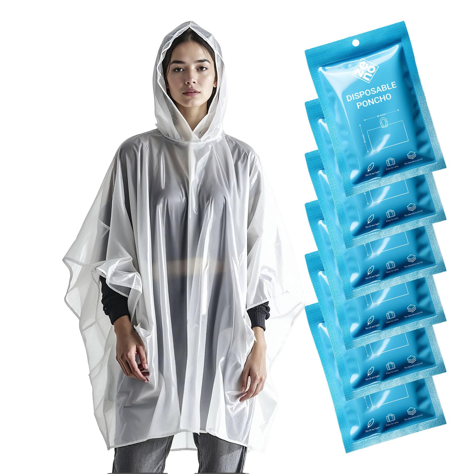 ZENO Rain Poncho Waterproof Adult - Festival Poncho - Waterproof, Disposable, Clear with Hood - Emergency Rain coat for Hiking, Cycling, Camping, Concert - Pack of 6