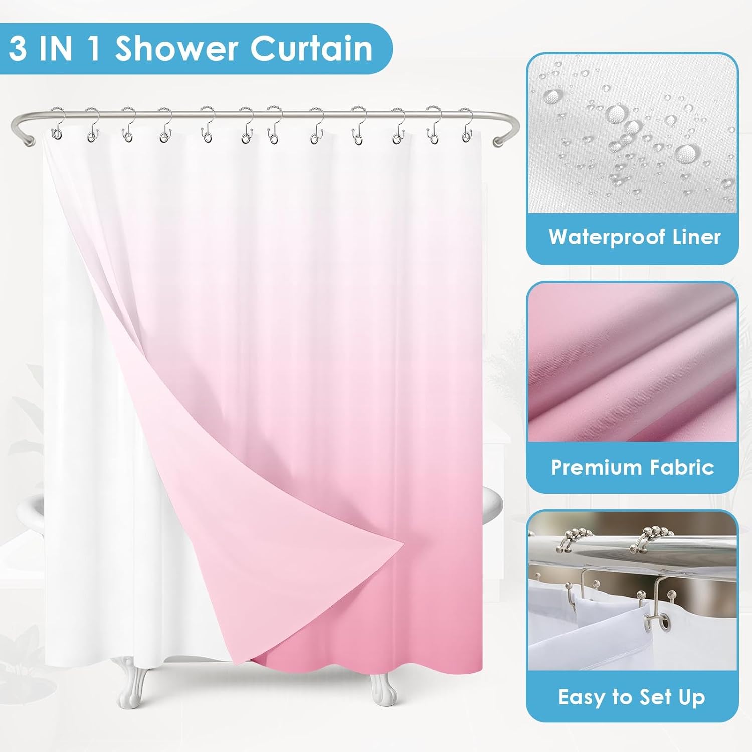 Shower Curtain and Liner Set, Pink and White Ombre Modern Cute Shower Curtain and Liner with Double-Sided Stainless Steel Hooks, 3-in-1 Waterproof Fabric for Bathroom, 72x72 Inch