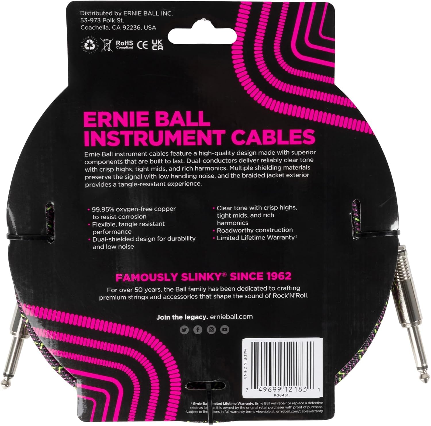 Ernie Ball Braided Instrument Cable Set Straight/Straight Lenght 18ft in Purple Python (P06431) - Pack of 2