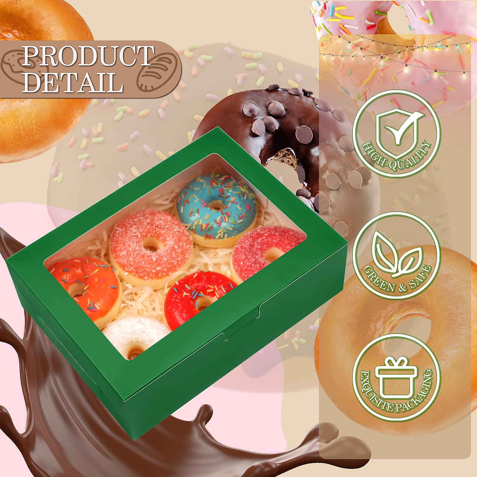 KPOSIYA 65 cajas de galletas de 8 x 6 x 2.5 pulgadas con ventana, cajas de panadería verdes para regalo, golosinas, postres, cupcakes, chocolate, fresas, donas, magdalenas (5 ventanas de estilo)