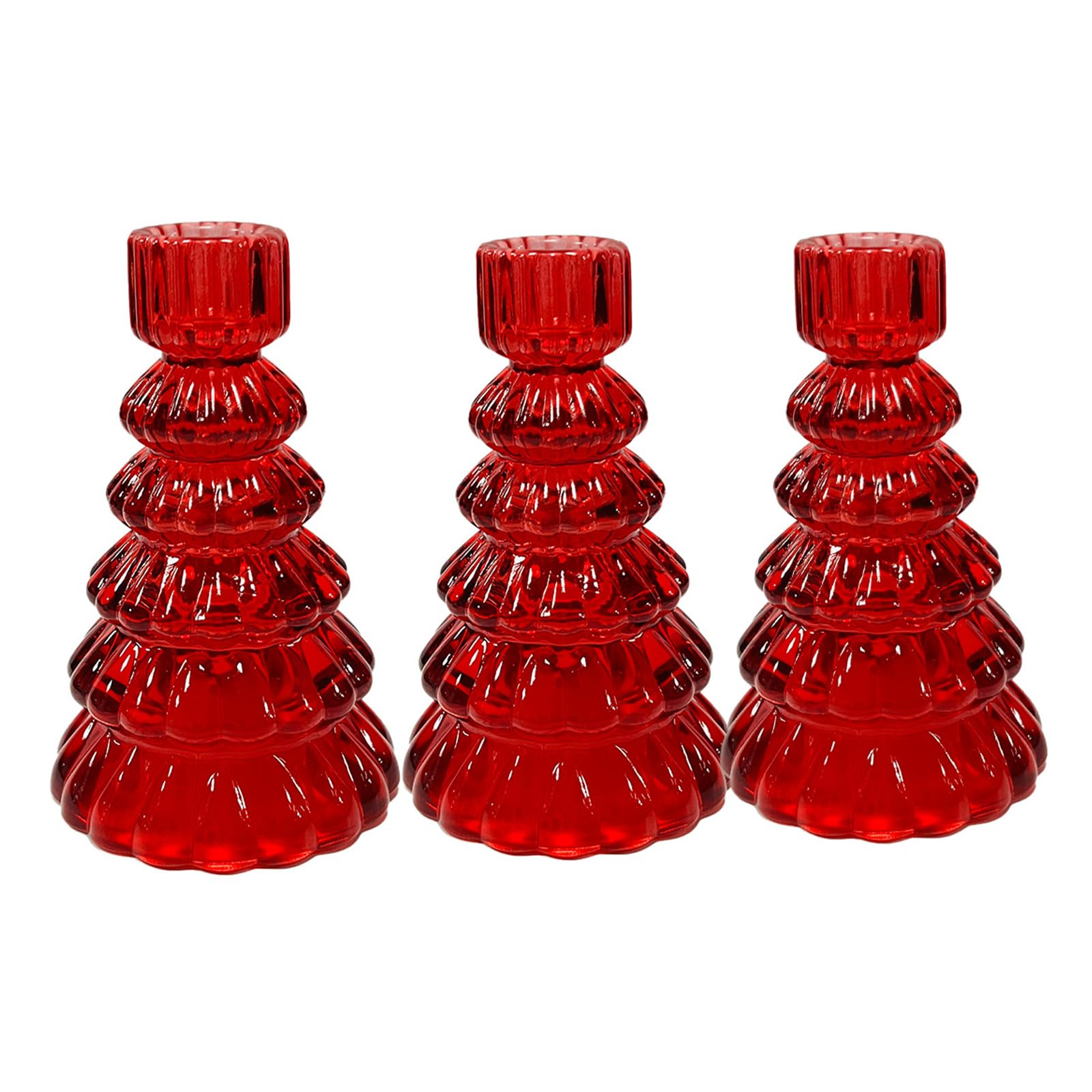 PANGBOER Seasonal Table Decor Holder, Christmas Tree Glass Taper Candlestick Set, 3 Piece Indoor Accent for Console Mantel Entryway Glass Taper Holder Christmas Tree Holiday Table Decor Mantel
