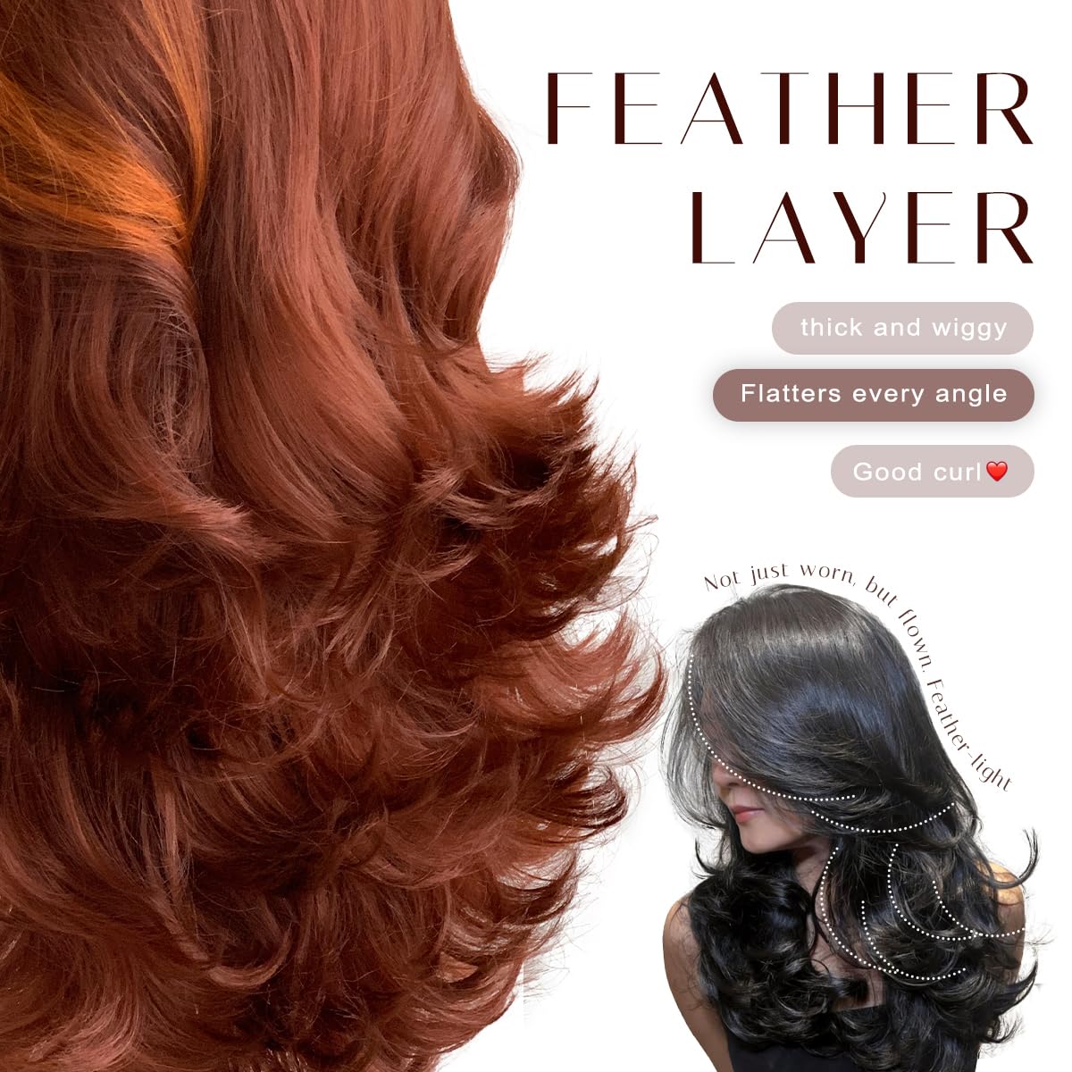 BlackSwern Skunk Strip Feather Layered Wig Pre Plucked Cutting Style Reddish Brown With Ginger 13x6 Synthetic Lace Front Wig Glueless Natural Hairline Hair.#Reddish Brown With Ginger Skunk Strip