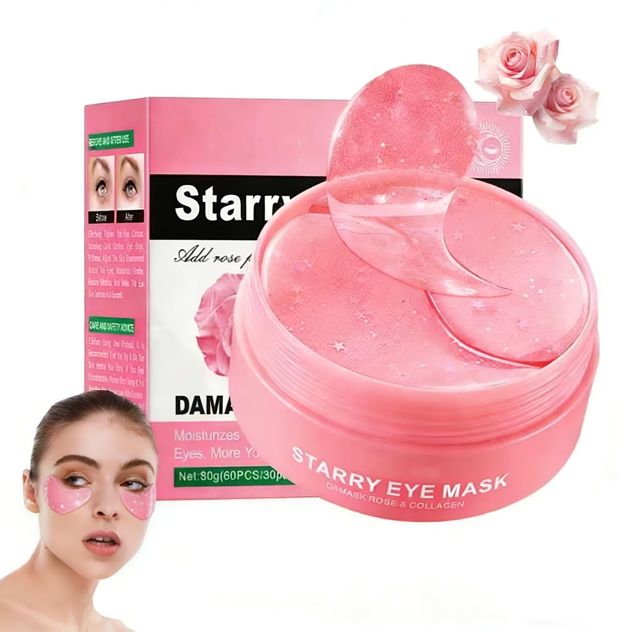 60 Stück Augenpads,Rose Augenpads gegen Augenringe -Feuchtigkeitsspendende Augenmaske,Mit Hyaluron & Kollagen–Anti-Aging Augenpflege gegen Falten –Schwellungen und Tränensäcke