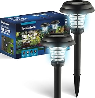Brookstone Solar-Powered Bug Zapper and Pathway Light 2 Pack - Dual Function LED Ambiance Light & High-Voltage Insect Killer - Safe, Eco-Friendly, Waterproof with Auto On/Off