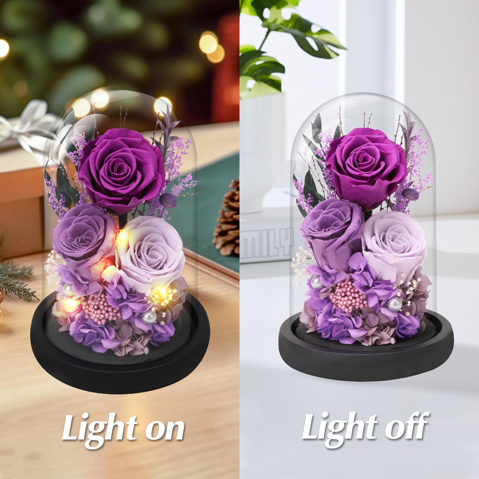 Casaido Flores de rosas preservadas para entrega, flores moradas para siempre en cúpula de cristal para mujeres, mamá, esposa, novia, abuela, rosa eterna, regalo de cumpleaños para el día de la madre