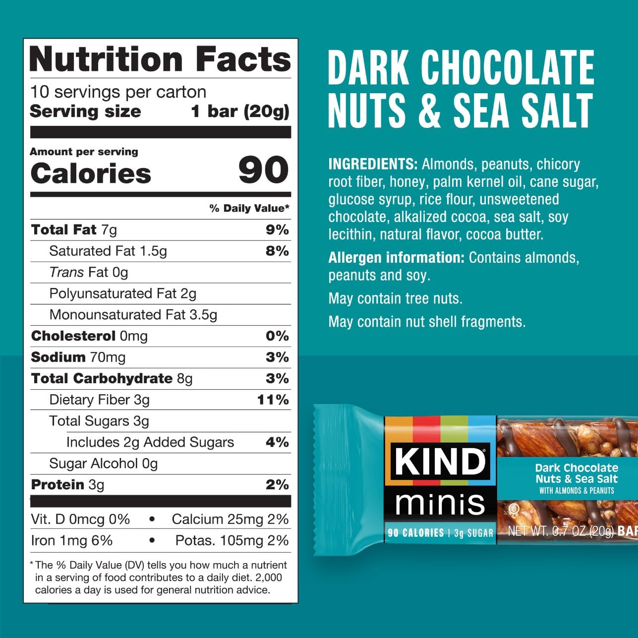 KIND Mini Snack Bars, Dark Chocolate Nuts & Sea Salt, Gluten Free, Low Sugar, Low Calorie Snacks, 80 Count