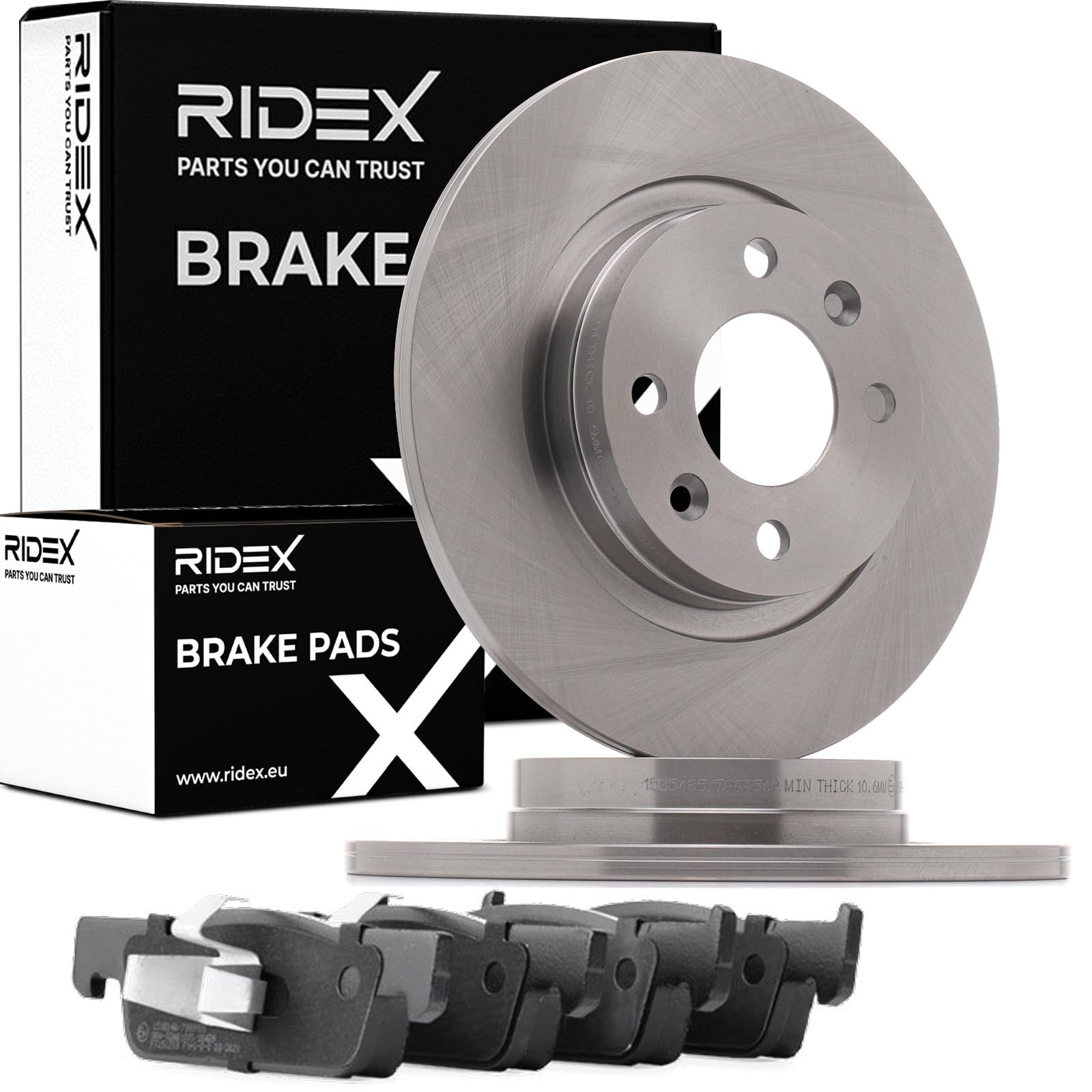 RIDEX 3405B1105 Juego para eje Kit de discos de freno y pastillas Delantero con clip de émbolo Compatible con DACIA LOGAN MCV II