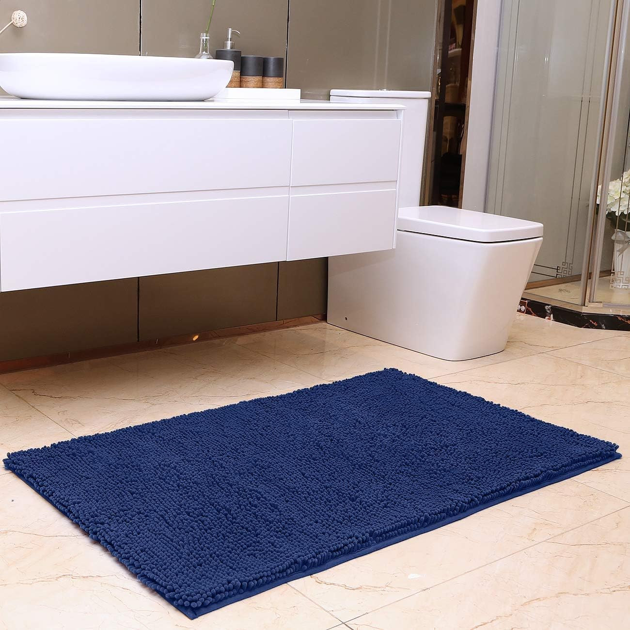 KMAT Bath Mat Rug Nonslip Plush Chenille Bathroom mat Quick Absorbent 28" x 47" Blue Large Bath Rug for Bathroom Floor Tub Shower Bedroom Living Room,Machine Washable