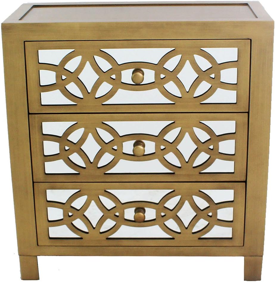 River of Goods Drawer Chest: Womens Glam Slam 3-Drawer Mirrored Wood Cabinet Furniture - Gold