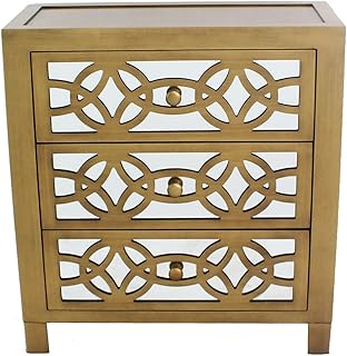 River of Goods Drawer Chest: Womens Glam Slam 3-Drawer Mirrored Wood Nightstand Furniture - Gold