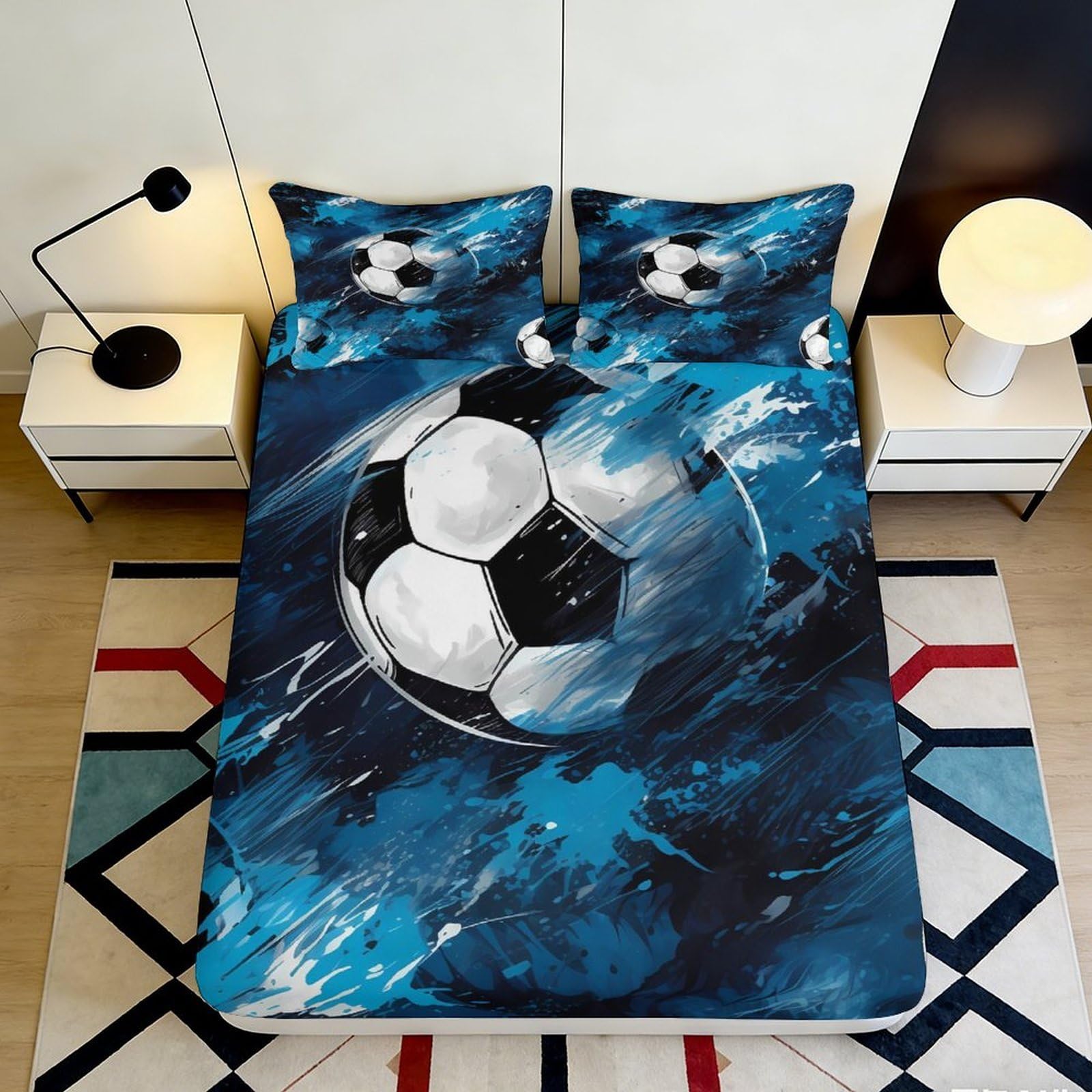 3D Printed Football Fitted Sheet Microfiber Deep Pocket Elastic Hem for Adults Teens Bedroom Football Mattress Fitted Cover 180x200x25cm