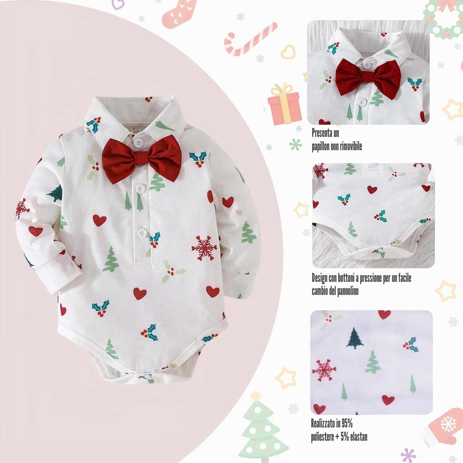 Completo natalizio per neonato Abiti formali per bambini piccoli Set da 4 pezzi per gentiluomini Body Papillon Cappello e pantaloni con bretelle